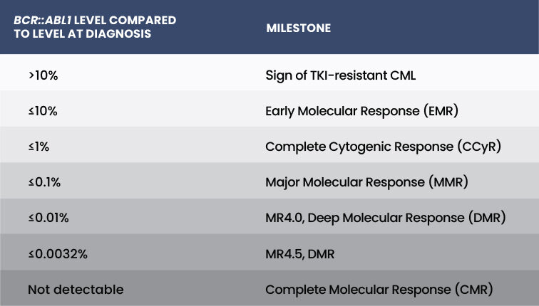 The milestones based on the BCR::ABL1 reduction that may be achieved in response to treatment.